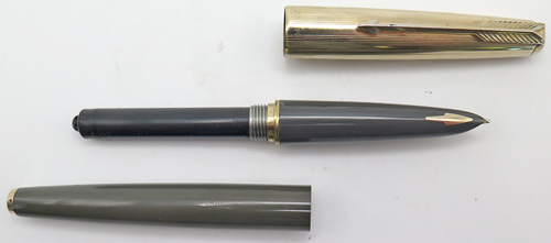 ITEM #6823R: PARKER 61 FOUNTAIN PEN IN GREY. DOULBE JEWEL. GOLD FILLED TRIM. NIB IS DOUBLE BROAD (BB). CAPILARY FILLING SYSTEM. MADE IN USA.